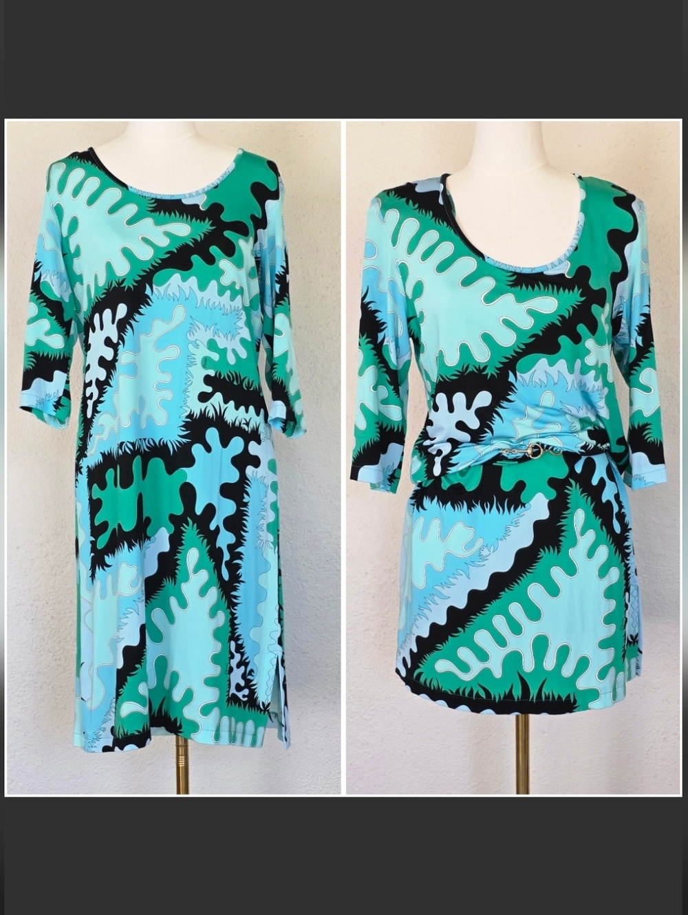 VTG Averardo Bessi Italy Abstract Print Dress Blue Green Mod Stretch US 10 Tunic